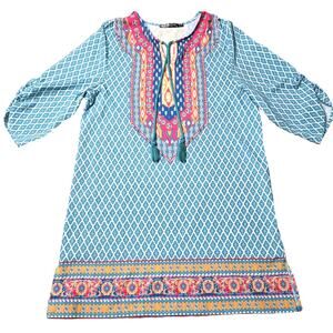 Urban CoCo Size Medium Floral Tunic Tie Neck Tassel Cinched Sleeve Boho Dress